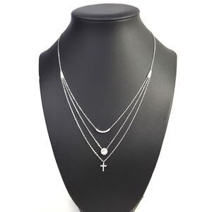 Silver Three Chain Rhinestone Cross Curve Circle Necklace